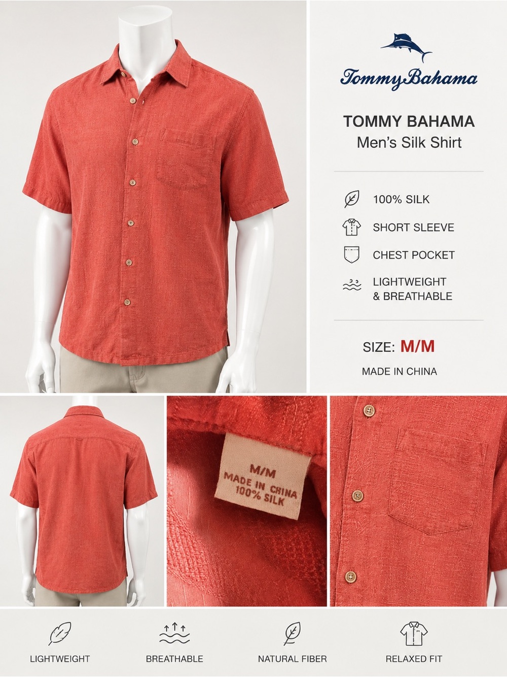 Tommy Bahama Men’s Medium 100% Silk Short Sleeve Button Up Shirt Red Coral